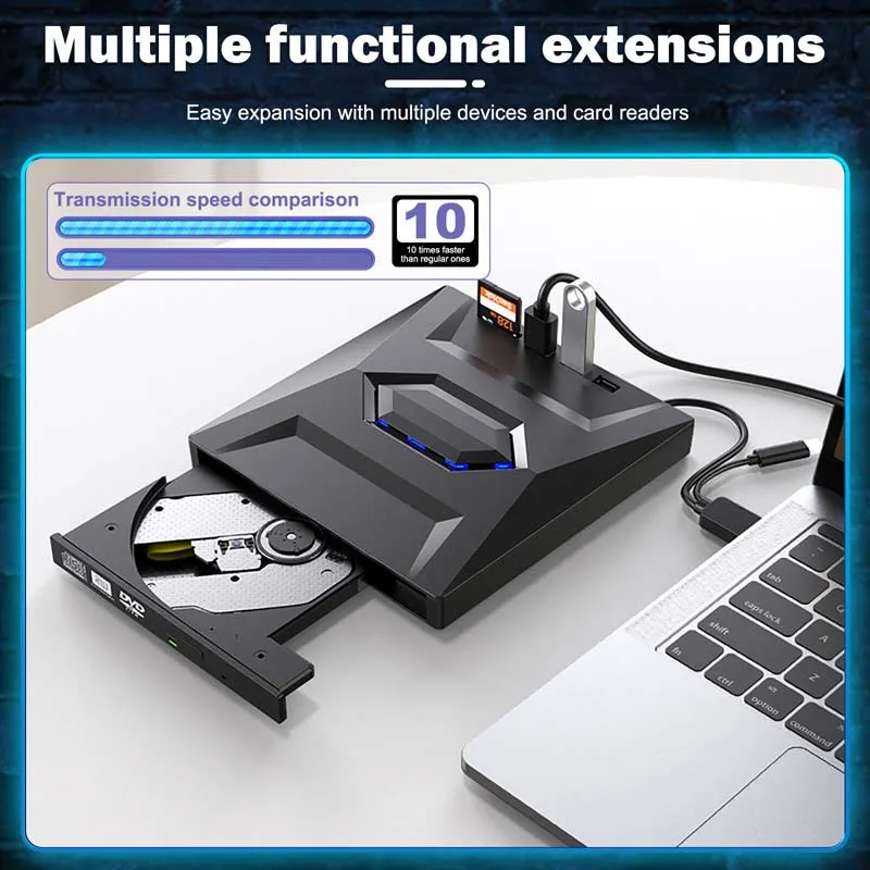 USB3.0 TYP 3-in-1 Multifunktions-Externes Mobiles Laufwerk CD-DVD-Leser und -Brenner, SD-Karten-, USB-Stick-Player, Lesegeschwindigkeit CD-ROM 24X CD-RW