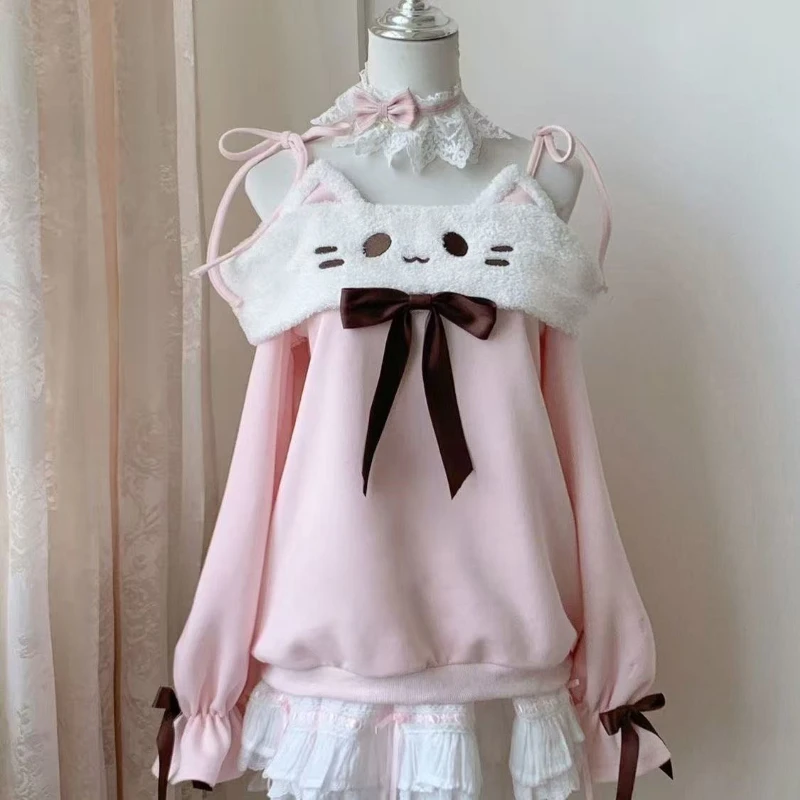 

Japanese Kawaii Harajuku Long Sleeve Midi Dress Women Off-Shoulder Sweet Short Party Dress Bow Casual Cat Cartoon 2025 Autumn