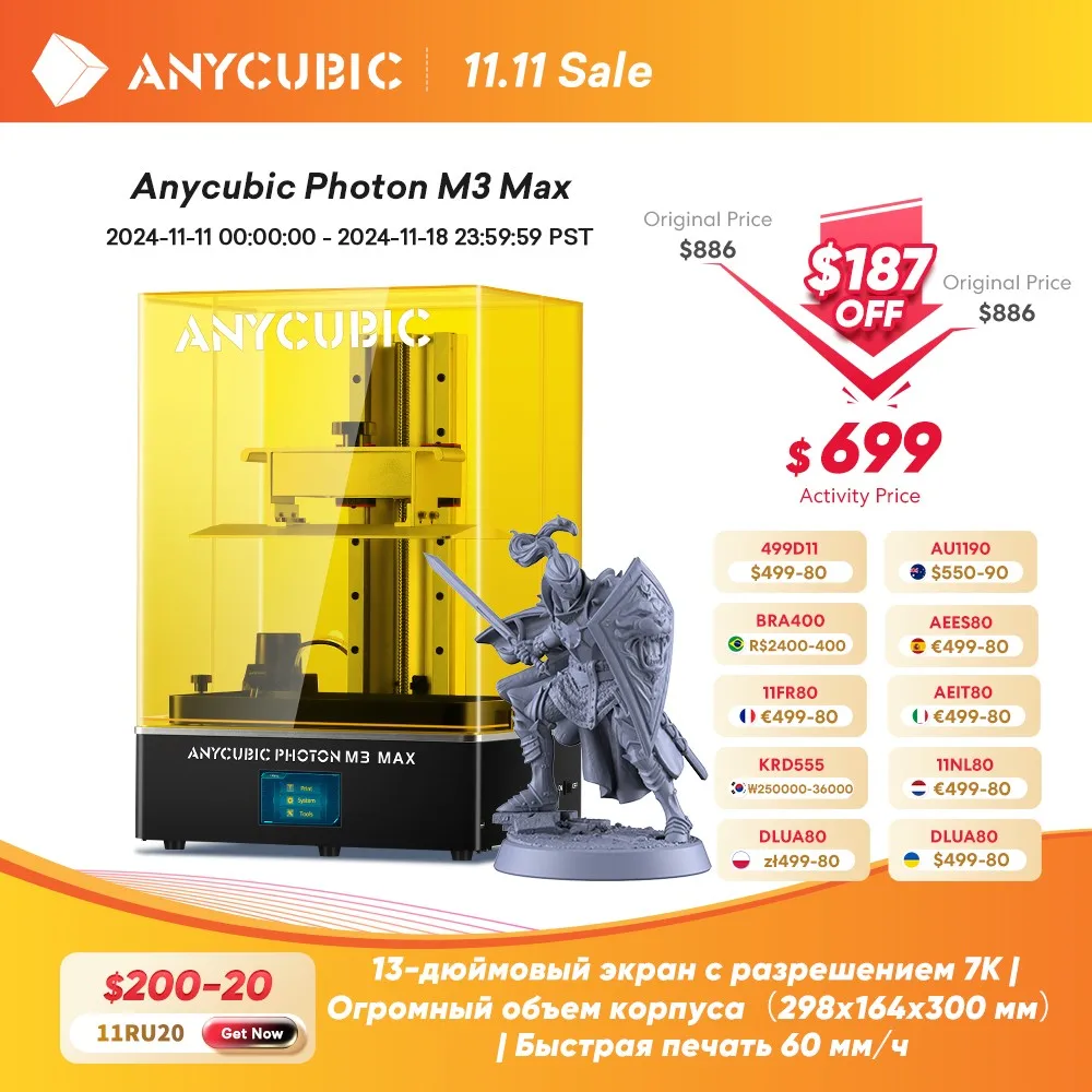 

3D Printer ANYCUBIC Photon M3 Max LCD 13" 7K Monochrome Screen High Resolution 3D Printing With Auto Resin Filler