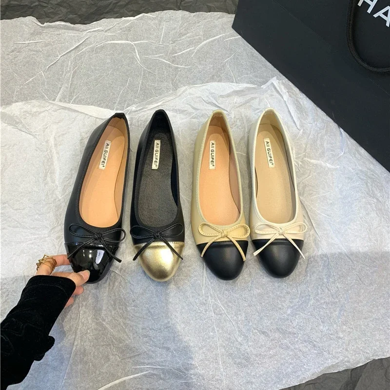 Women Leather Flat Shoes Fashionable Round Toe Casual Ballerina Bow Ballet Shoes Soft Moccasin Black with Beige  Lolita Shoes