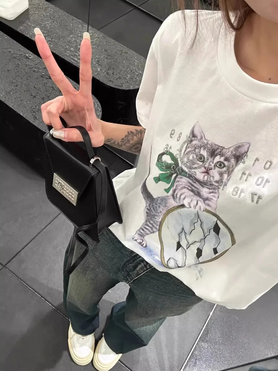 

Summer 2024 EXJR Digital Kitten Short Sleeve T-Shirt Women's Loose round Neck Pure Cotton Top Casual Style Fashion Trend