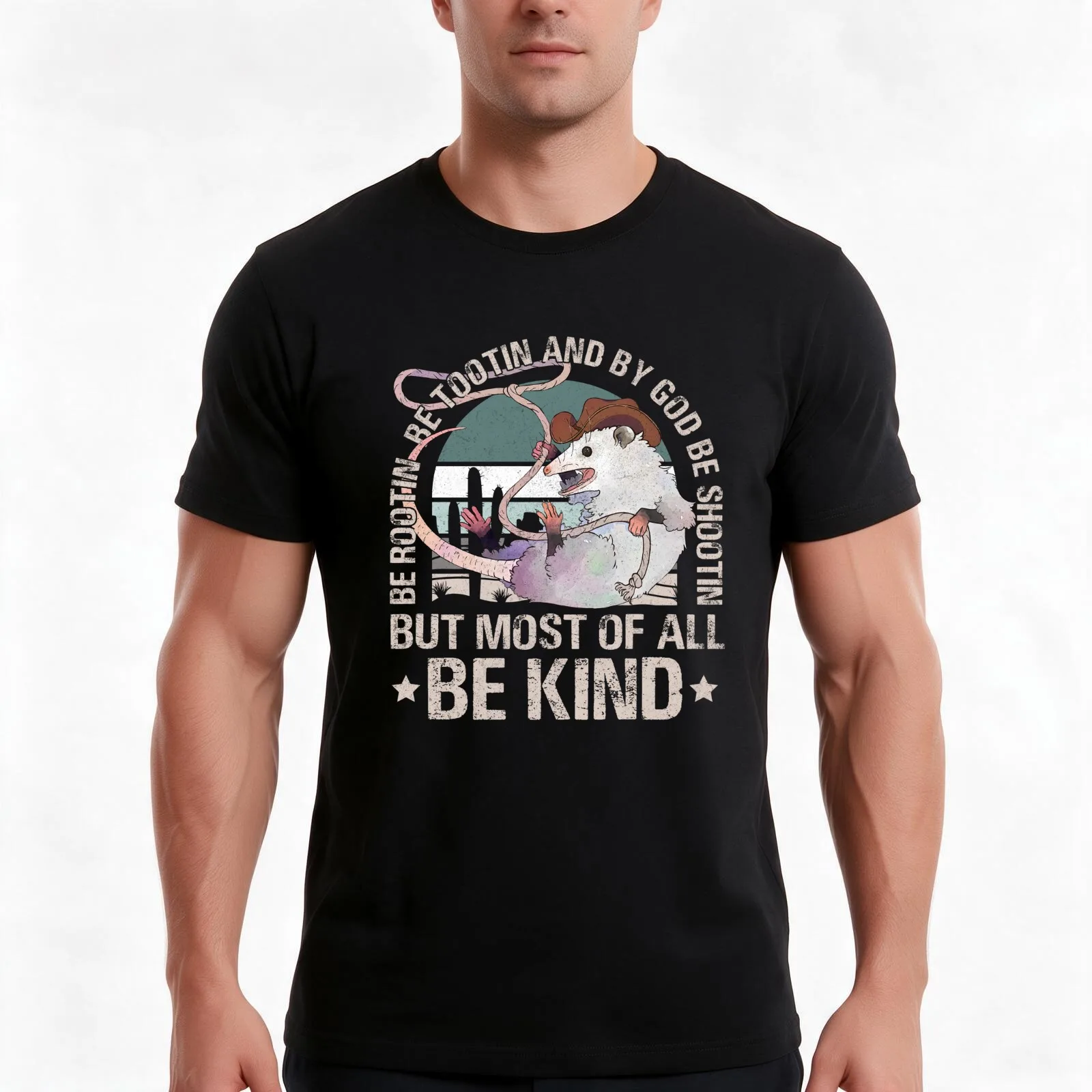Be Rootin Be Tootin And By God Be Shootin But Most Of All Bekind Opossum Cowboy T-Shirt Summer Casual Cotton Tee 100% Cotton