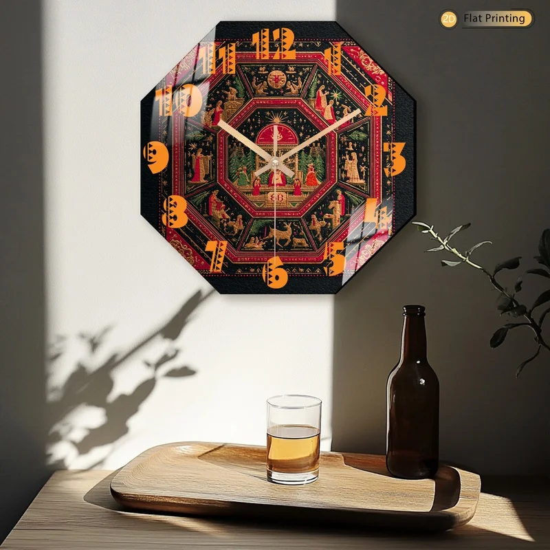 1pc Classic Christmas tapestry pattern Octagonal Wall Clock for Kitchen Living Room Office Ideal Holiday Easter Birthday Gifts