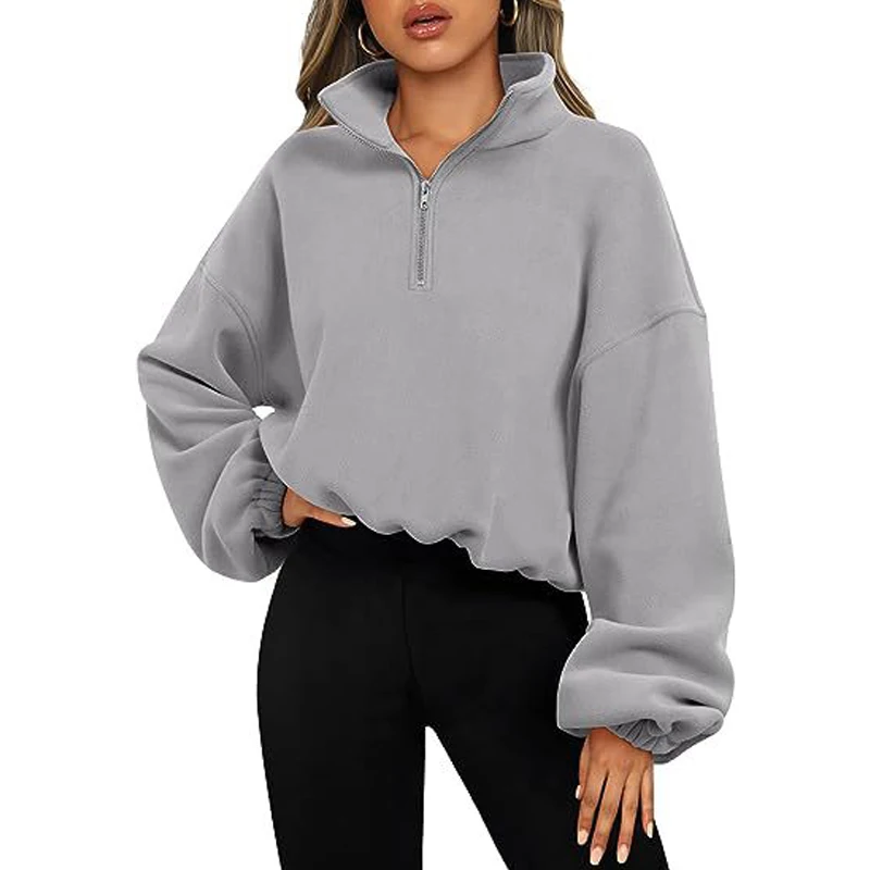 Women\'s Clothing Autumn and Winter Casual Streetwear Oversized Half Zipper Sweatshirt Y2K Solid Long Sleeve Sports Pullover Tops