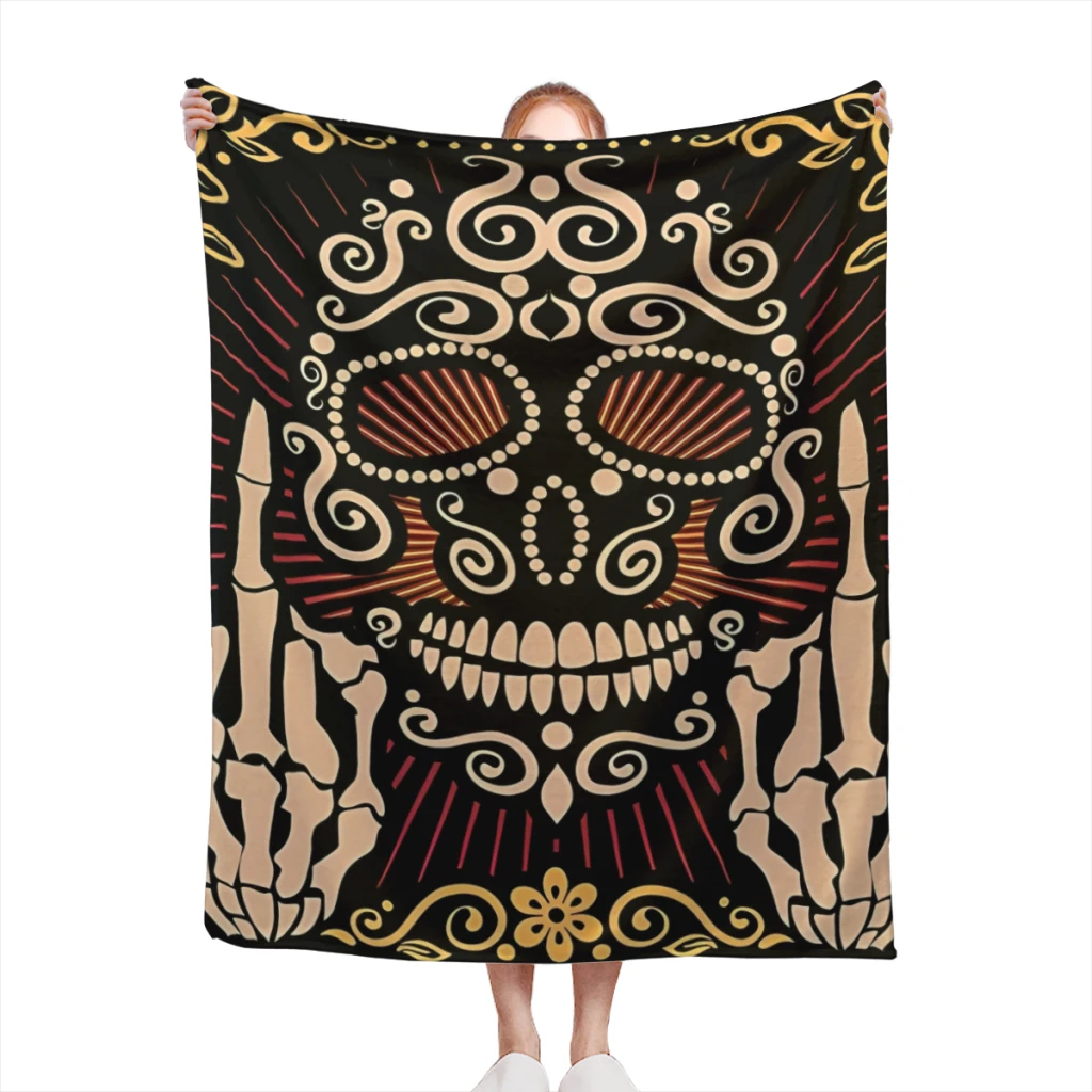 

Fluffy Blanket Sugar Skull Middle Skeleton Finger Mexican Filigree Sofa Camp Nap Bedspread Cozy Flannel Blanket Bedroom Decor