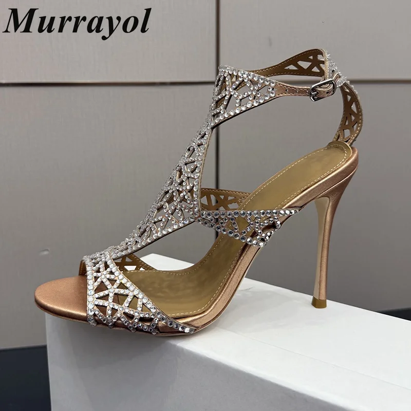 Bling Bling Rhinestone Sandals Women Real Leather Thin High Heels Ankle Strap Sandalias Mujer Summer Party Dress Wedding Shoes
