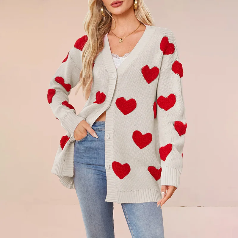 

Heart Cardigan V Neck Button Cardigan Mid Length Knit Cardigan Valentine Heart Pattern Knitwear Women Long Sleeve Button Front
