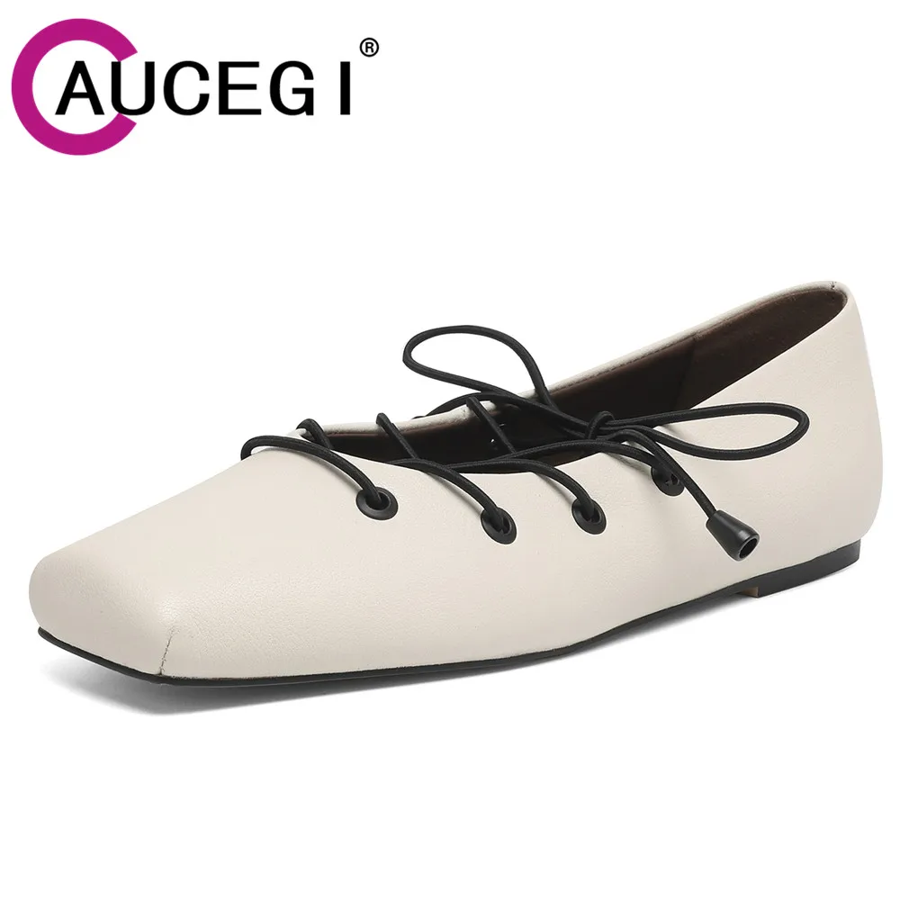 

Aucegi Women Spring Fashion Square Toe Comfortable Flats Soled Genuine Leather Elegant Retro Cross Tied Dress Casual Shoes