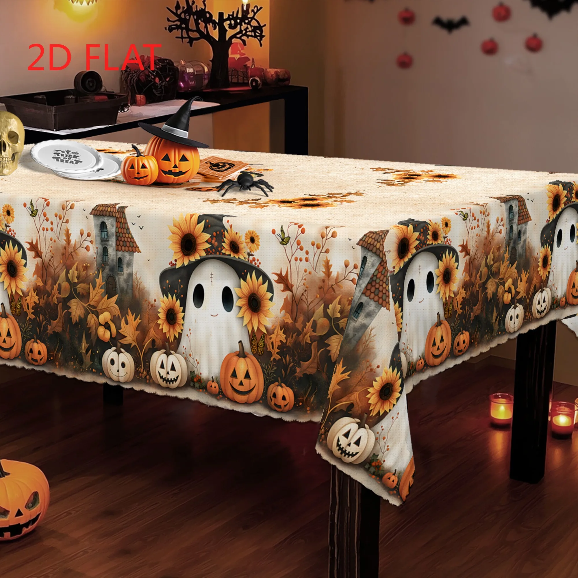 Tablecloth 1 piece 2d flat with ghost pumpkin castle, sunflower, autumn leaveszyc