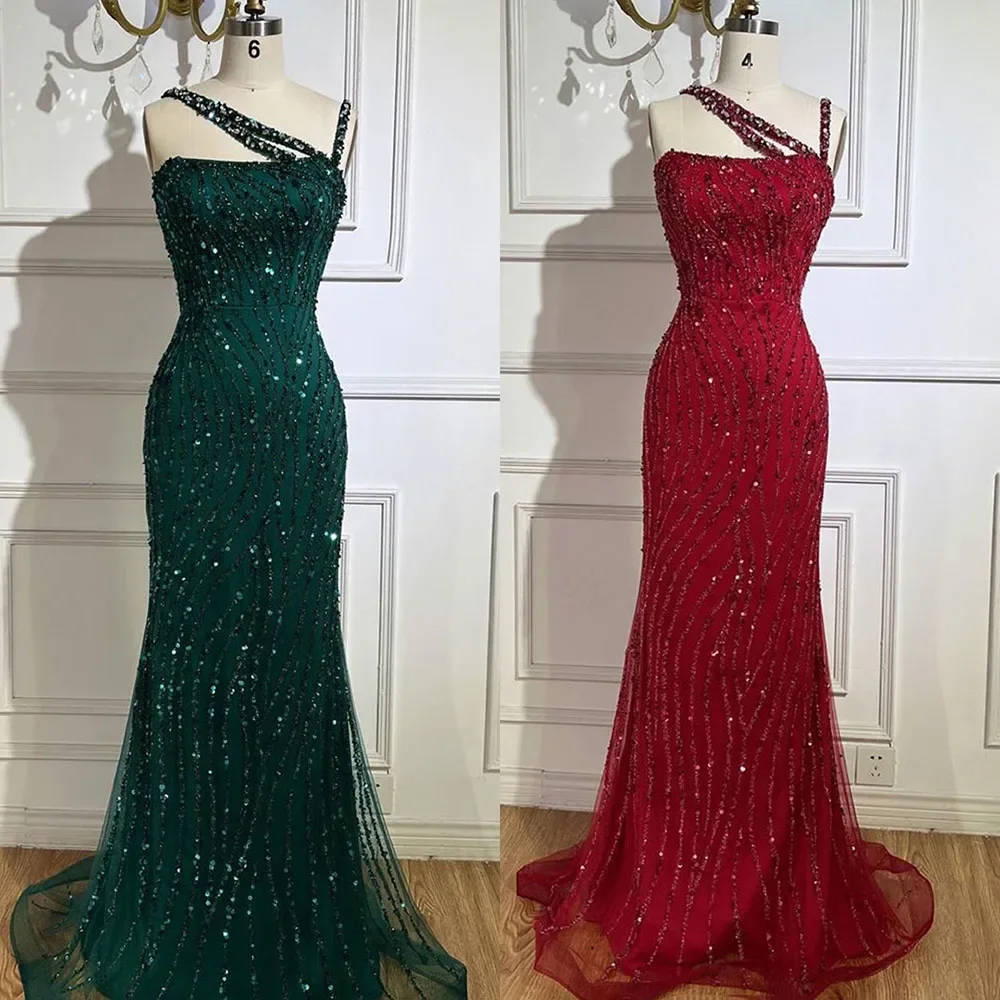 Serene Hill Green One Shoulder Mermaid Elegant Beaded  Red Evening Dress Gown for 's Wedding Party 2025 BLA72340 Customized