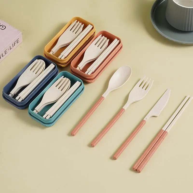 Environmental Wheat Straw Cutlery Spoons Forks Chopsticks with Box Outdoor Portable Travel Detachable Kitchen Accessories