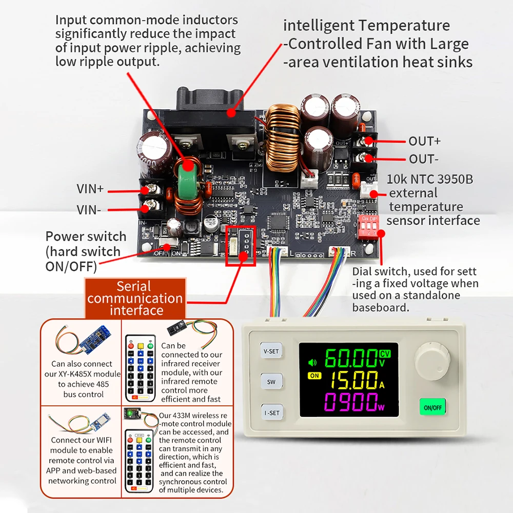 XY6015LV DC 6V-70V to 0-60V 900W CNC Adjustable DC Voltage Regulator CV CC Step Down Power Supply Module