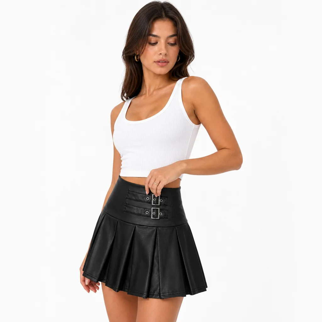 High-waisted Stretch PU Leather Y2K Cute mini Pleated Skirt for Women, Elegant Faux Leather A-Line Sporty Skirt