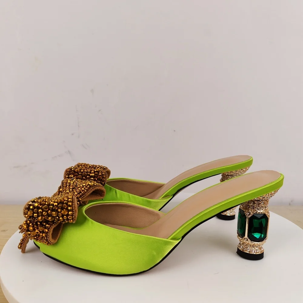 Women's Neon Green Satin Beaded Bow Mule Sandals Jewel Embellished Block Heel for Night Out Festivals Parties Bold Statement