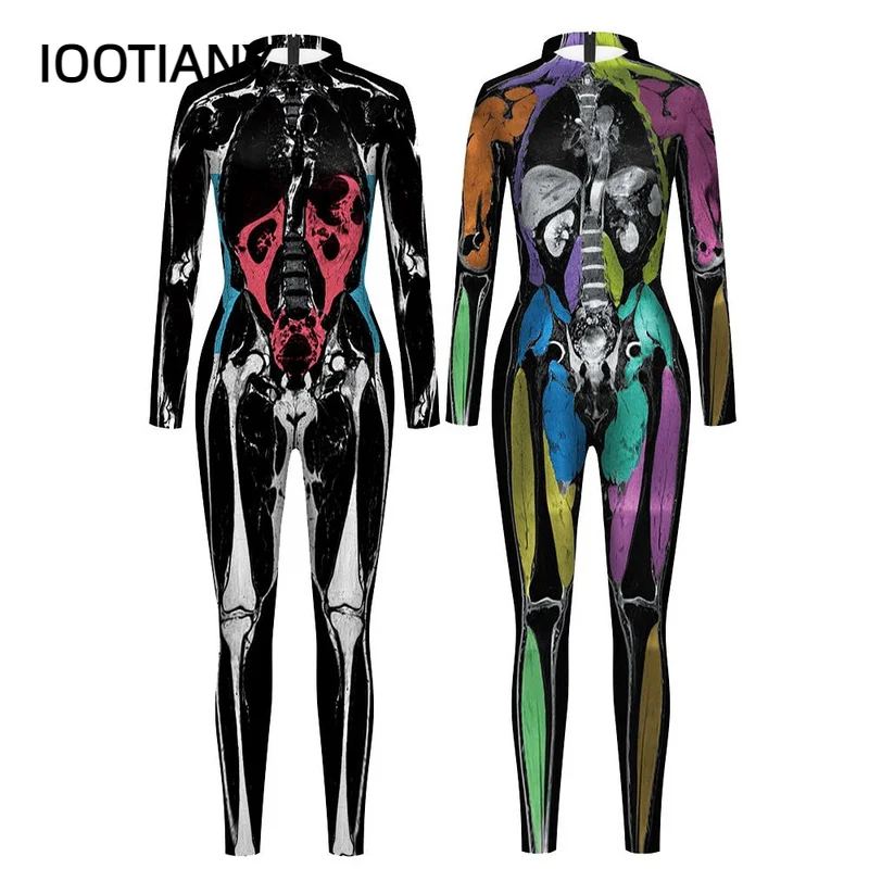 

IOOTIANY Painted Skull Print Skeleton Cosplay Costume Women Sexy Jumpsuit Bodysuit Adult Carnival Halloween Party overalls 3D