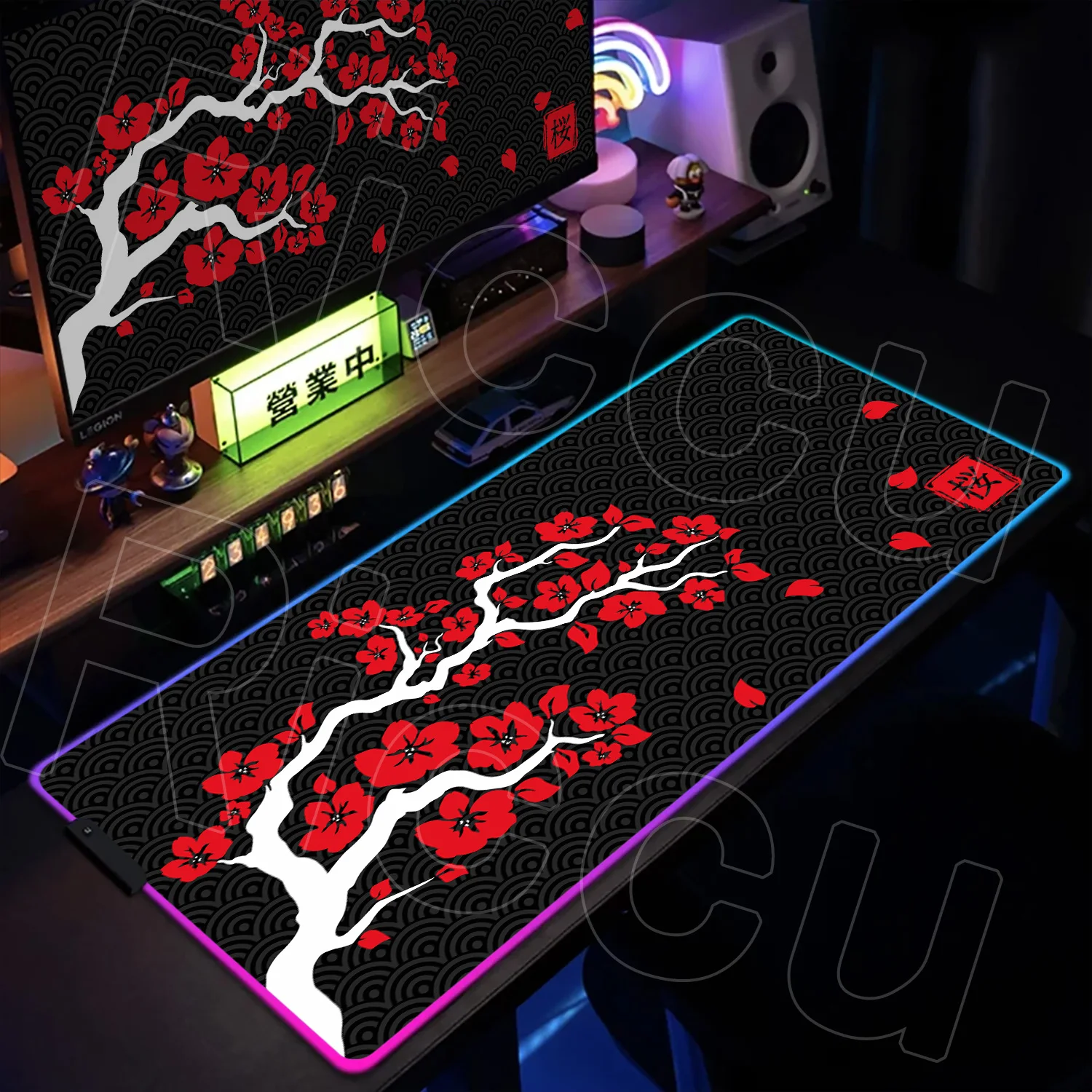 

RGB красный и черный вишневый коврик для стола, светодиодный светящийся коврик для клавиатуры, мышей, ковер Kawaii Sakura, настольный коврик, милый коврик для мыши в стиле аниме с подсветкой