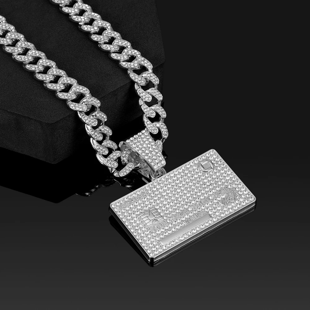 Men\'s Hip Hop Credit VISA Card Pendants With 13mm Miami Cuban Chain Iced Out Bling Bank Card Necklaces Fashion Jewelry for Woman