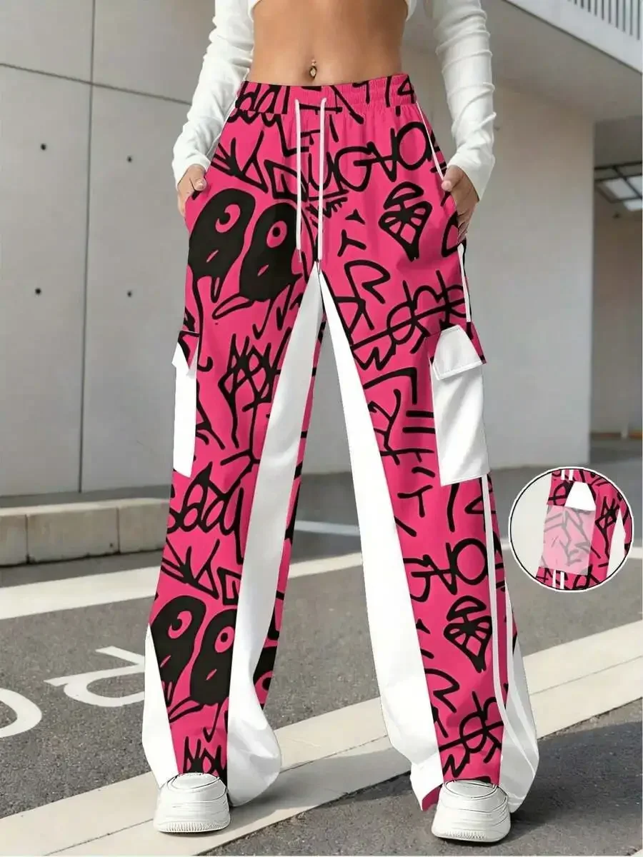 

Womens Graffiti Print Cargo Pants With Drawstring Waist Multi Pocket Wide Leg Casual Trousers