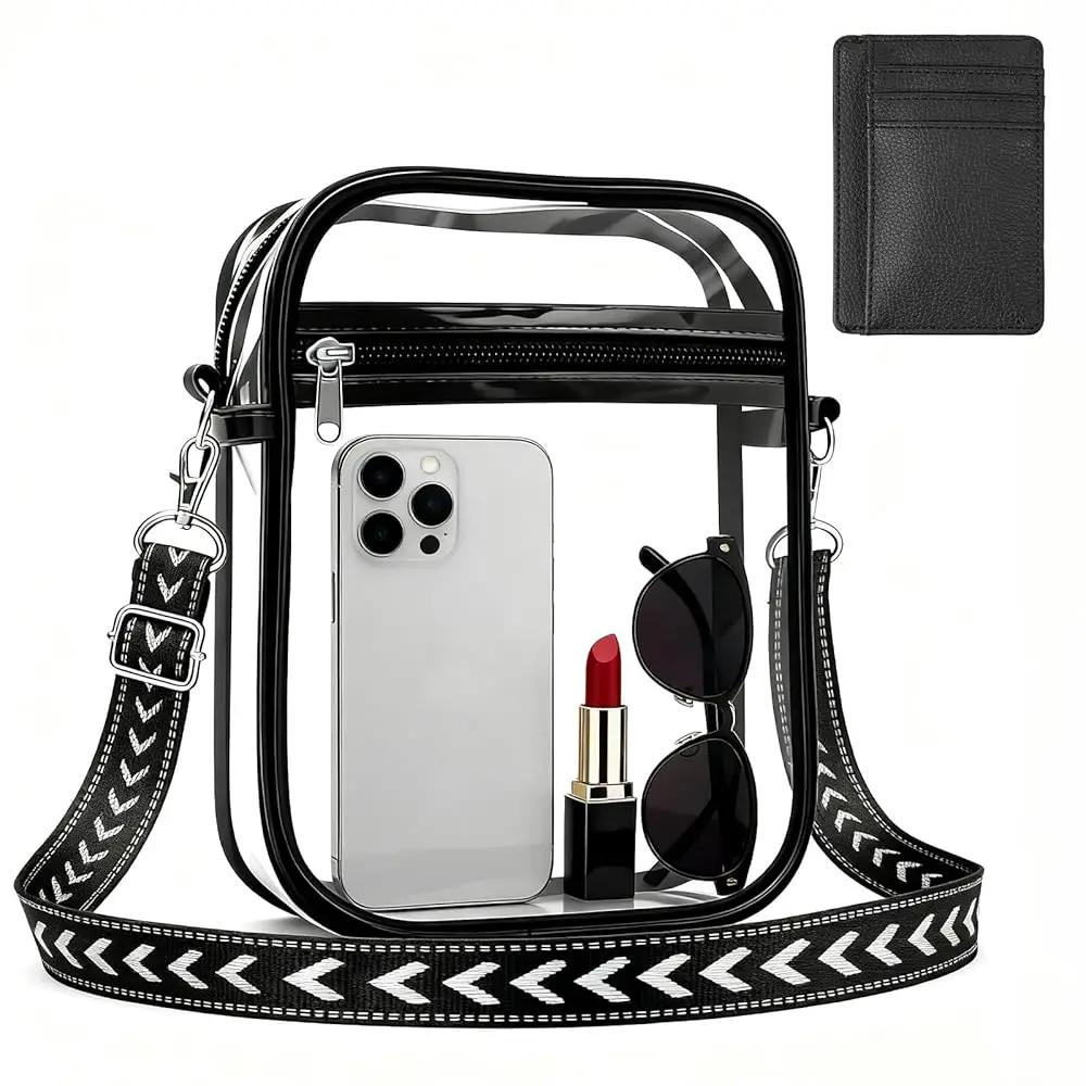 

Прозрачная сумка через плечо, водонепроницаемая прозрачная сумка с регулируемым жаккардовым плечевым ремнем и тонким передним карманом-кошельком.