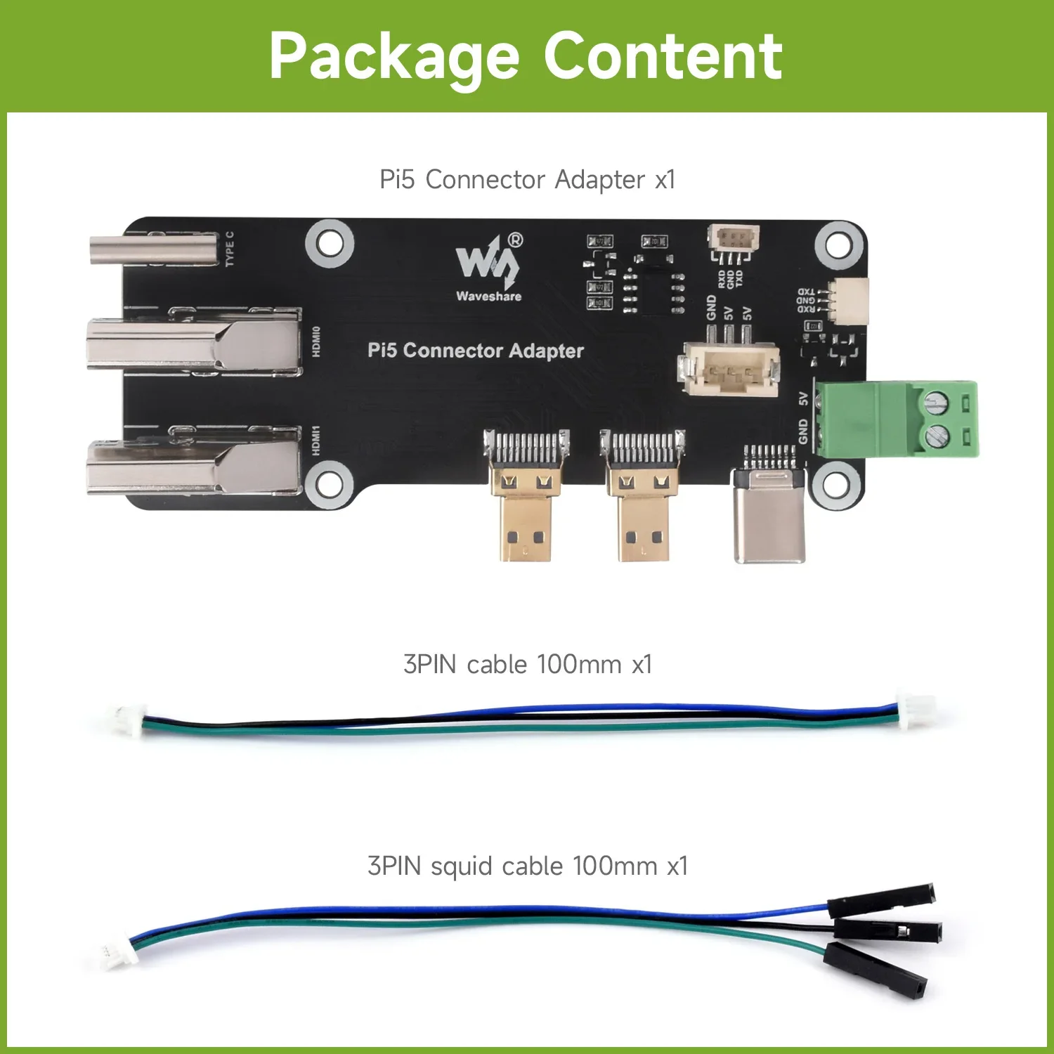Waveshare Micro HDMI to HDMI Multifunctional Adapter for Raspberry Pi 5/4B, Two Power Supply Supports Dual 4K Outputs