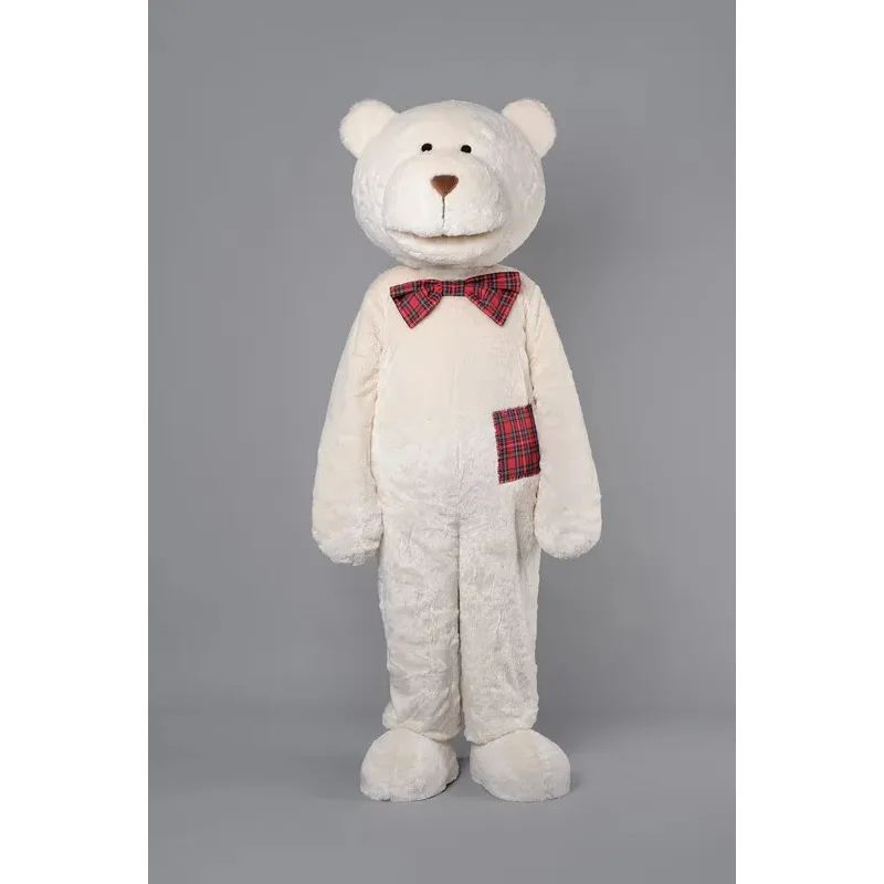 Branco longo cabelos urso mascote traje, roupas adultas, alta qualidade