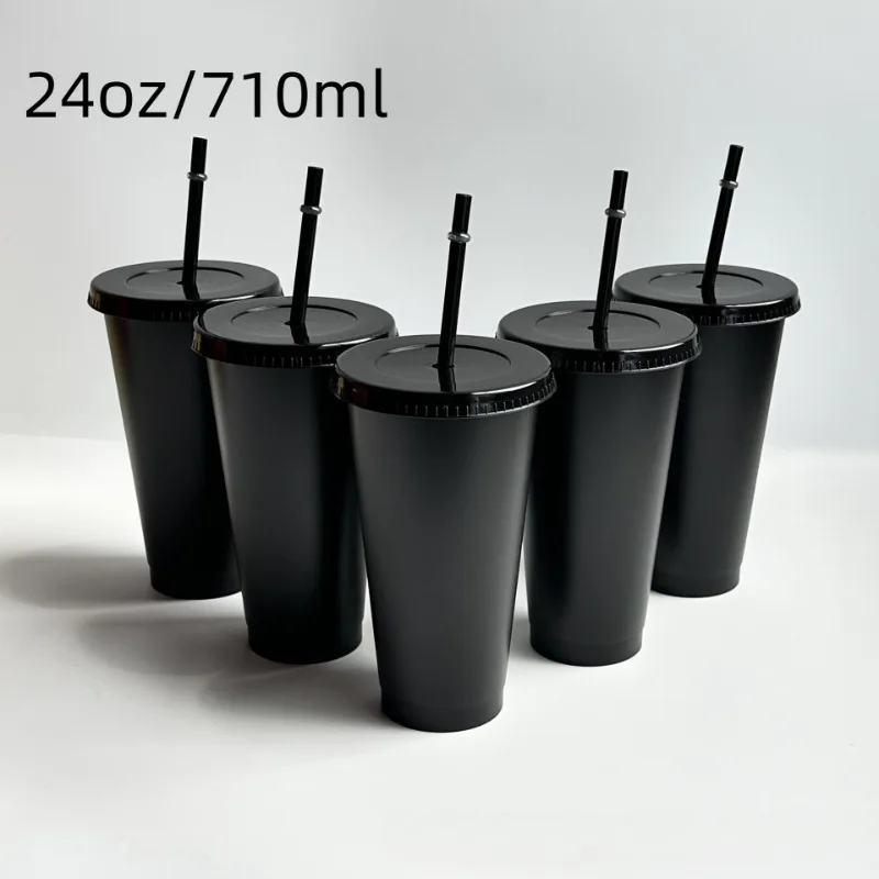 5pcs 24oz Transparent Reusable Tumblers With Black Lids and Straws Iced Coffee Water Bottle Cold Smoothie Cups For Parties Drink