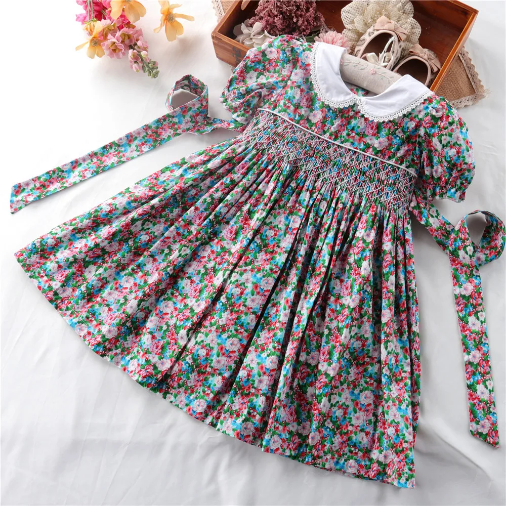 Kids girls handmade floral smocked dresses summer 2024 toddler girl flower smock dress for party wedding baby elegant outfit