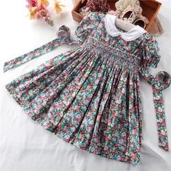 Kids girls handmade floral smocked dresses summer 2024 toddler girl flower smock dress for party wedding baby elegant outfit