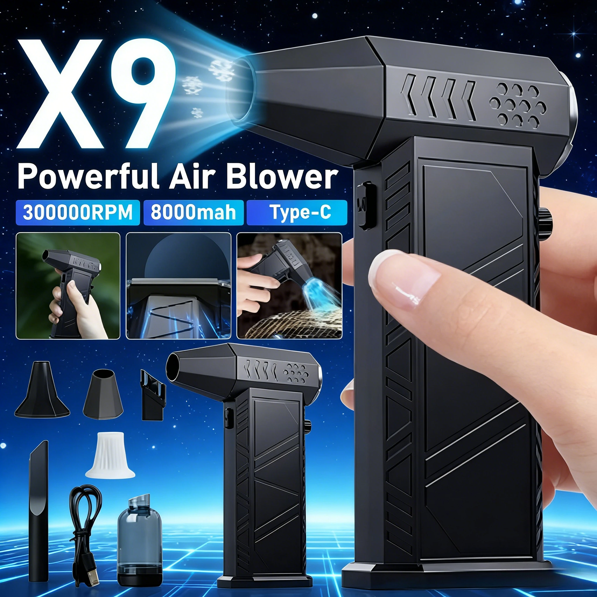 

300000RPM X9 Violent Air Blower | Powerful Brushless Vacuum Dust Cleaner Type-C Charging