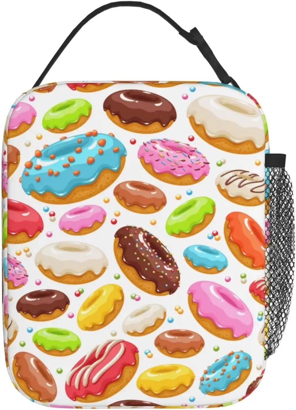 Cute Colorful Donut Insulated Reusable Lunch Box Portable Cooler Lunch Tote Bag with Side Pocket For Women Men Work Picnic