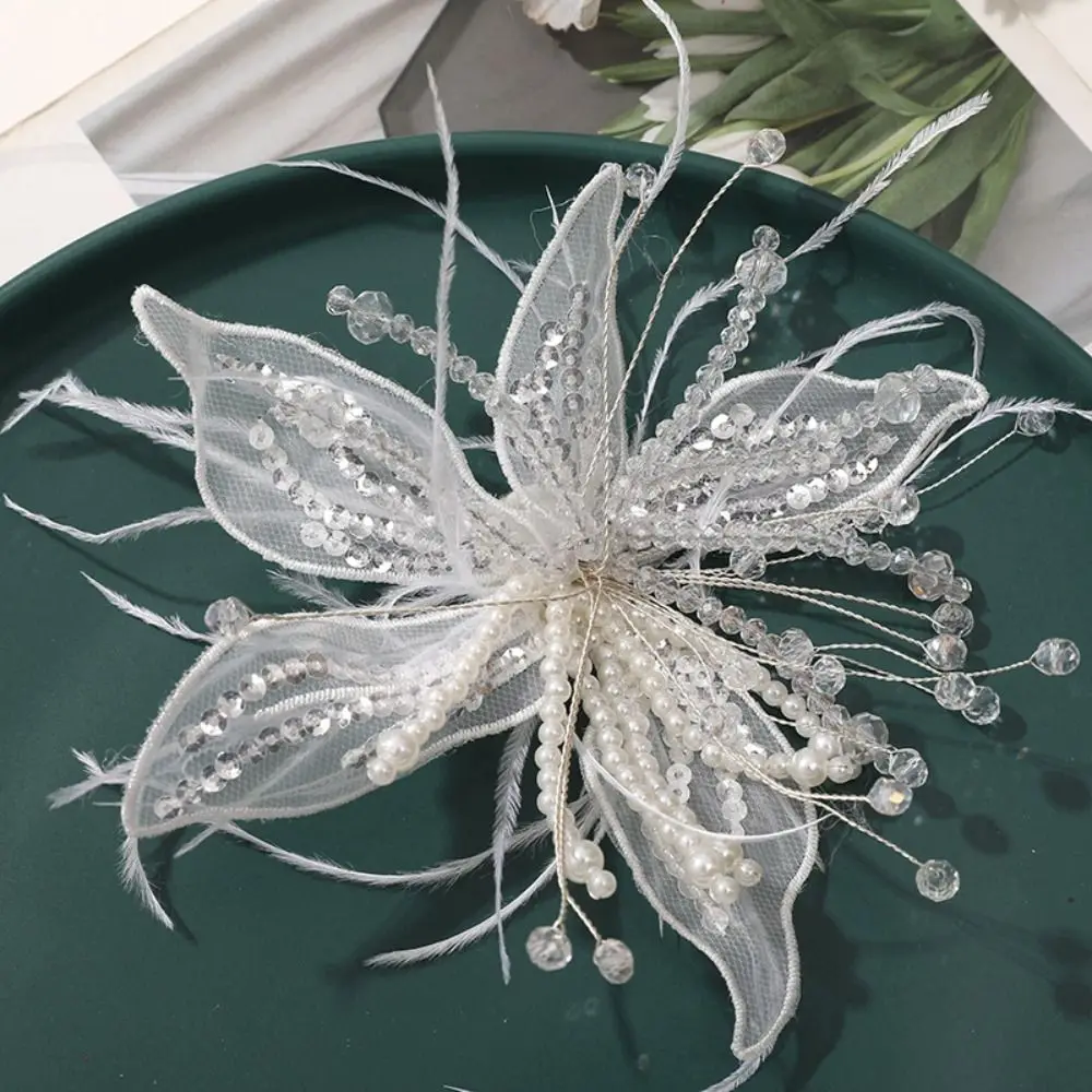 Feather Pearl 3D Organza Flower Patch Crystal Flower Twisted Wire Studded Patch Multi-layer Handmade DIY Sewing Decals