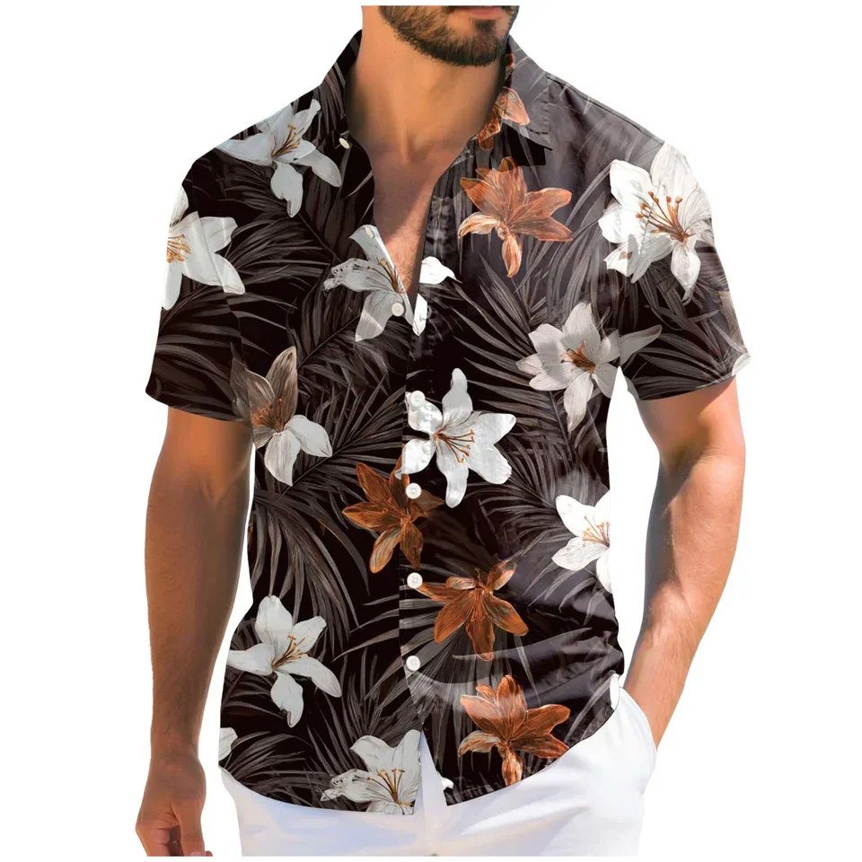 Mens Casual Hawaiian Floral Shirt 3D Print Short Sleeve Button Down Tropical Beach Shirts For Men Summer Vacation Blouse Tops
