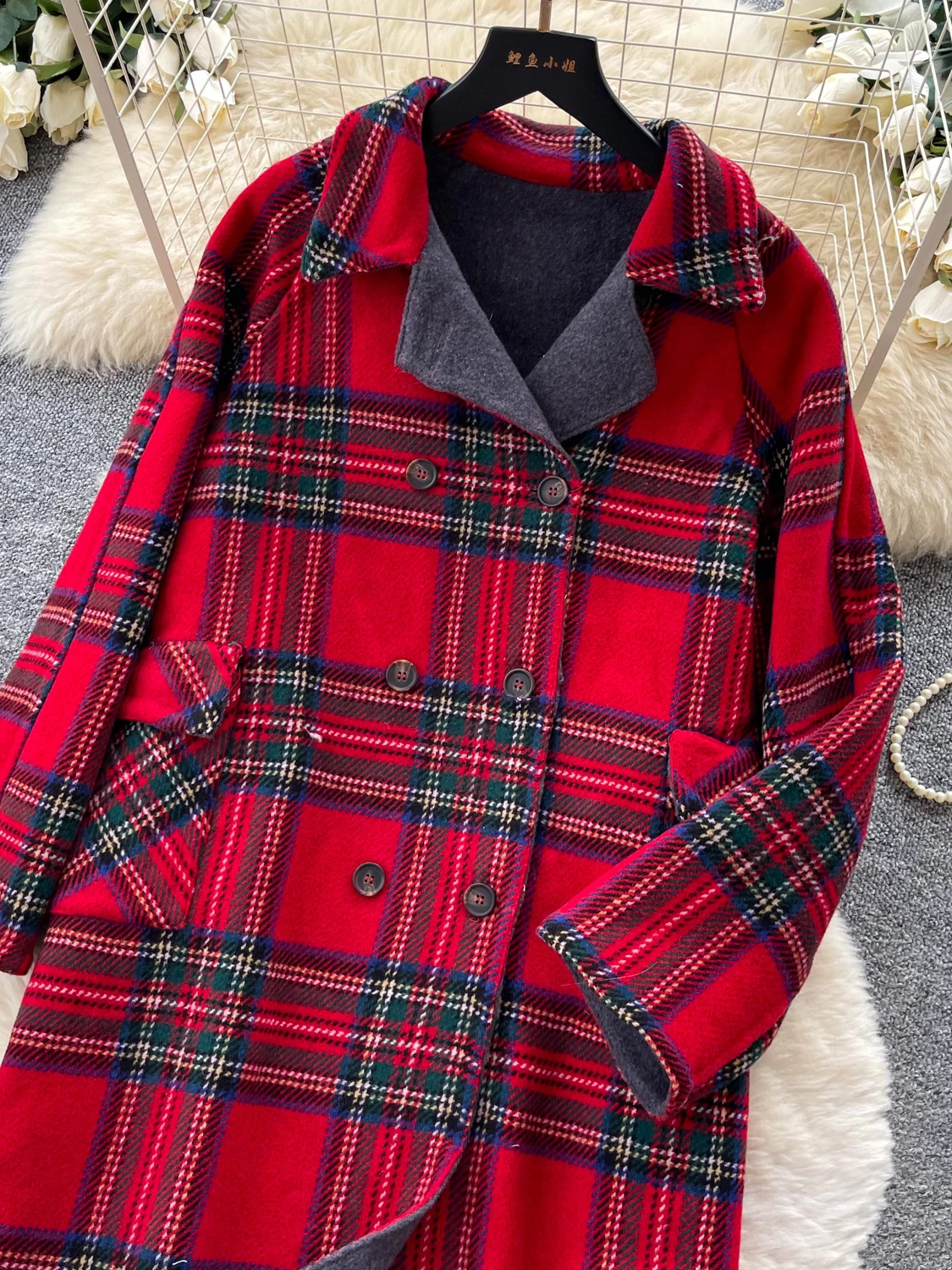 Red Plaid Woolen Coat Women's Mid-Length Double-Sided Wear Thickened British Style Suiting Coat for Autumn 2026 Online Exclusive