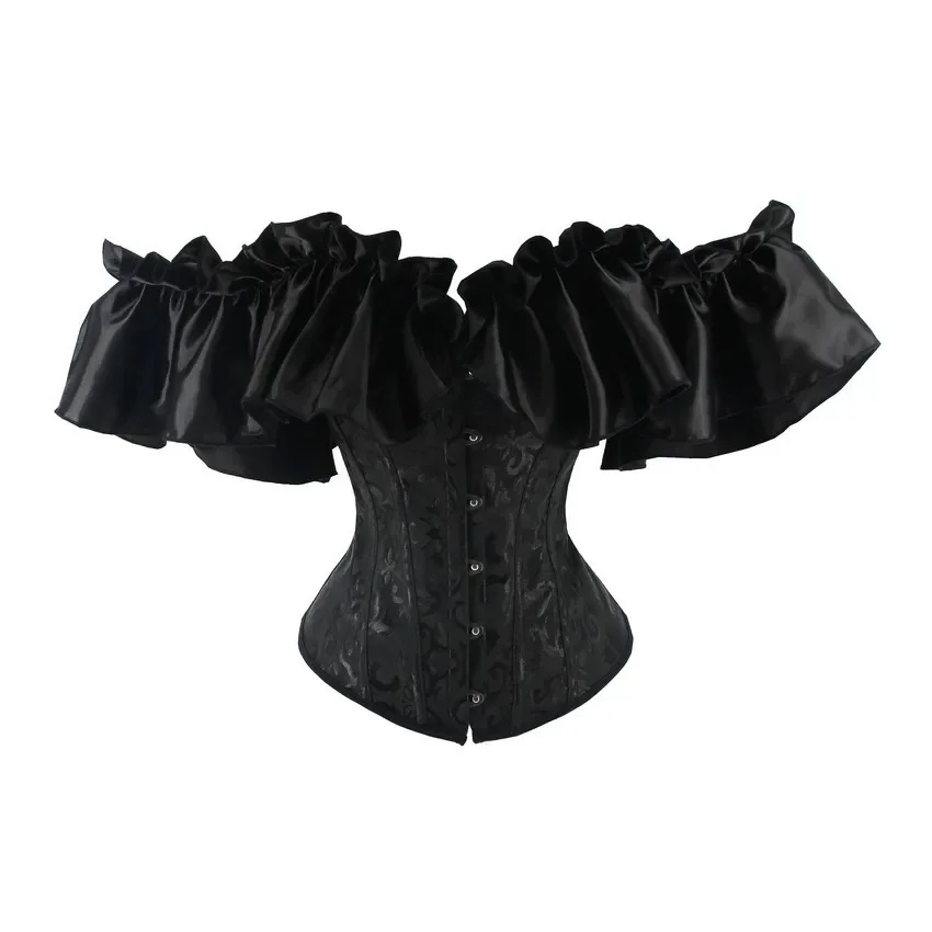 Women Vintage Bustier Corset Sexy Corset Shirt Overbust Corset Top Buckle Off Shoulder Ruffles Sleeve Bustier Lace Up Bodyshaper