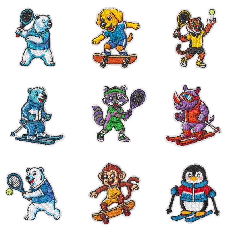 Nuevos y divertidos parches bordados termoadhesivos de animales de dibujos animados para deportes de pelota al aire libre, con diseños de mapache, mono y rinoceronte, para coser en ropa y bolsos DIY