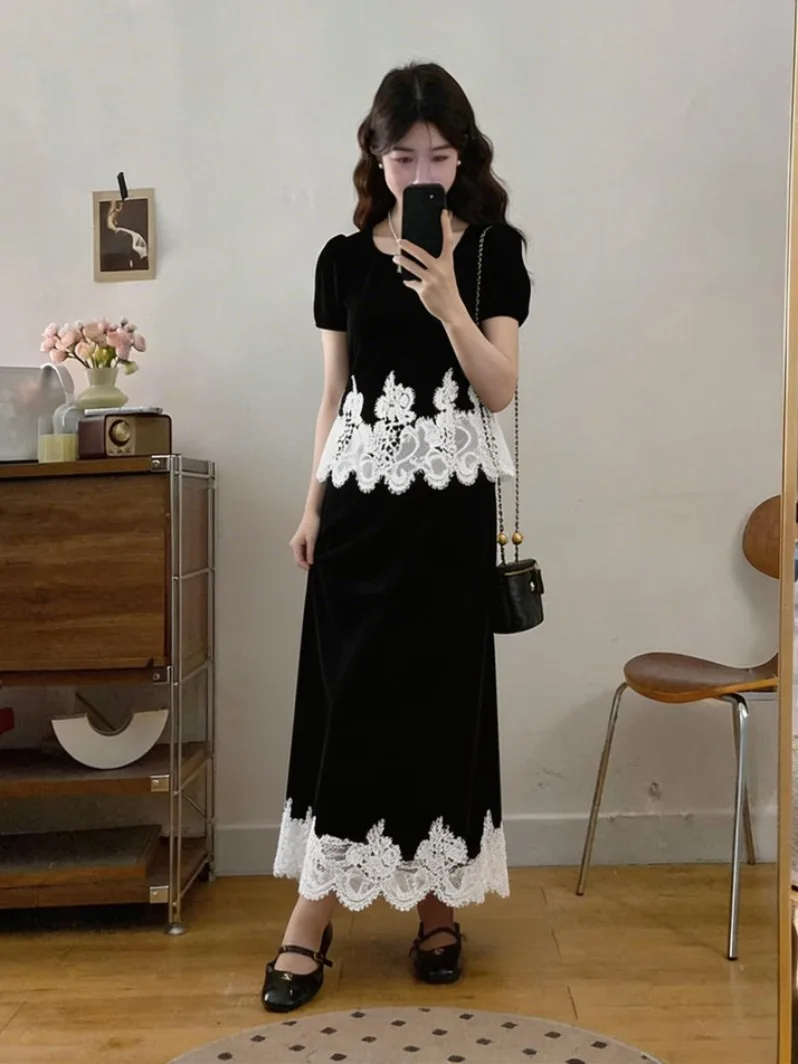 

Летний комплект больших размеров в корейском стиле: топ с кружевной отделкой и юбка-полусолнце, скрывающая живот, дышащий повседневный модный ансамбль