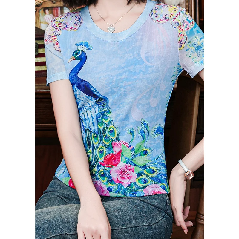 Summer Women's Clothing Elastic Mesh Plus Size Chinese Style Retro Peacock Printing V-neck Top Short Sleeved Slimming T-shirt