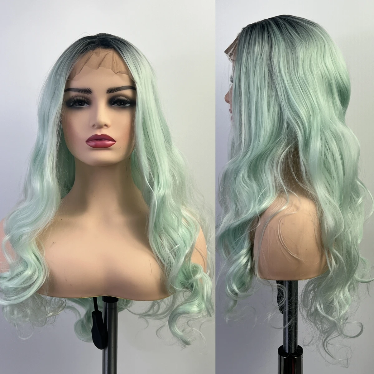 Synthetic Lace Front Wig With Mint Green And Black Hair Roots Long Wavy Wig Natural Hairline Without Glue Or Fading Natural Dry