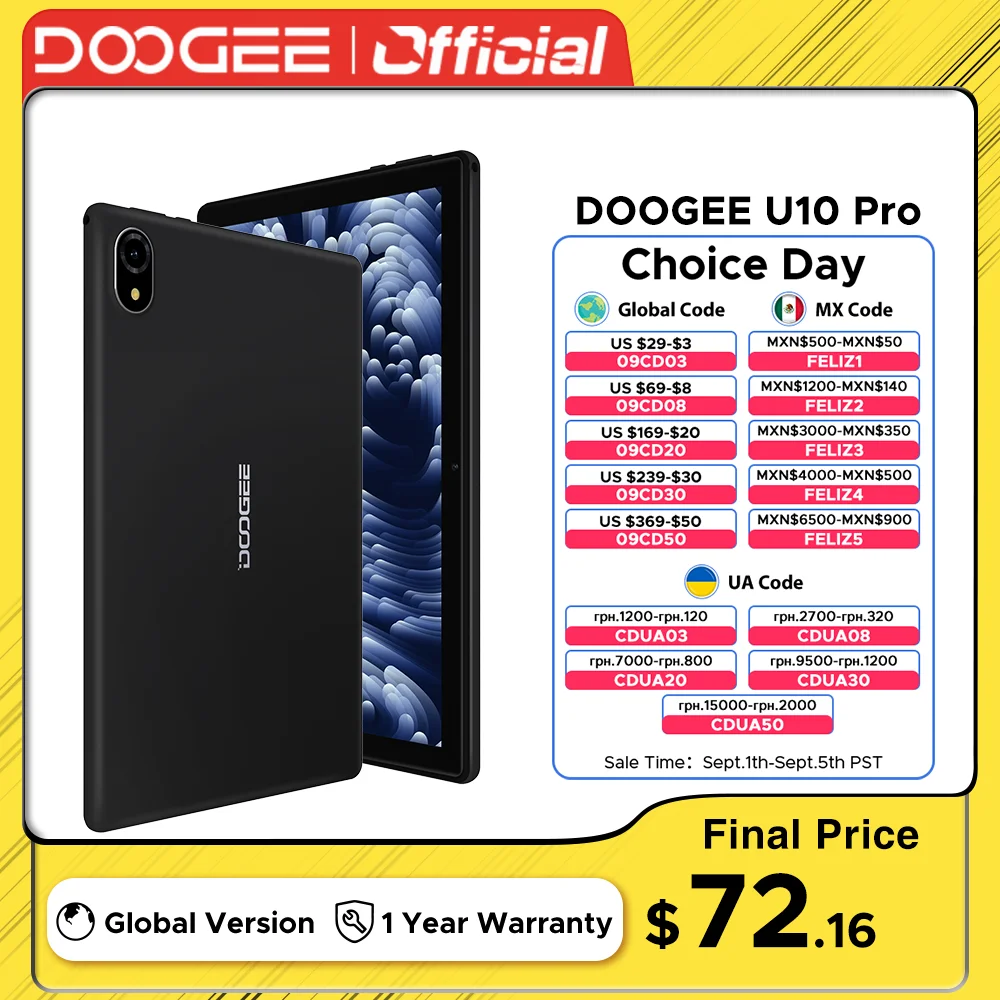 Premiere mondiale DOOGEE U10 Pro Tablet 10.1" IPS direttoV Certificato 20GB(8+12) 128GB Doppi altoparlanti WiFi6 Widevine L1 Supporto Android13