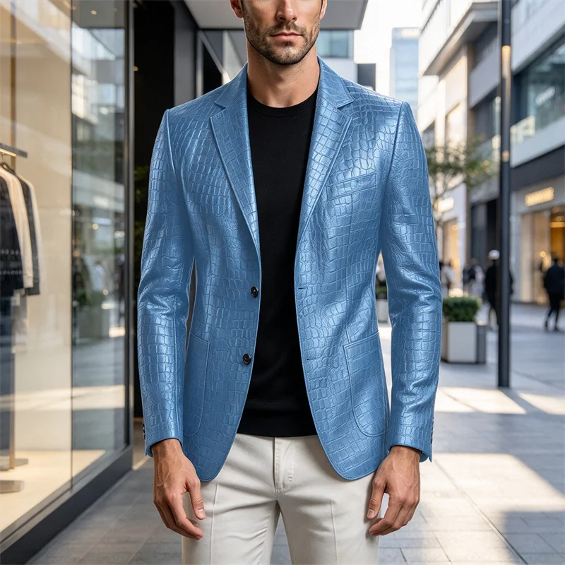 Men's Crocodile Pattern Faux Leather Blazer Slim Fit Suit Jacket For Disco Club Wedding Evening Party Performance Outerwear