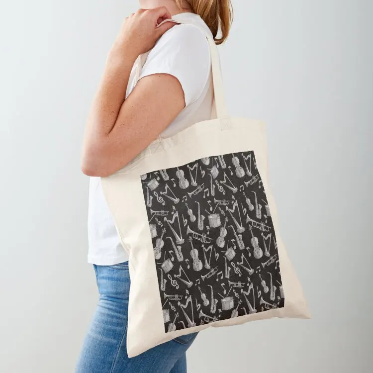 

Musical Instruments Hand Drawn Line Art on Black Background Tote Bag Women's shopping bag women bag free delivery bags