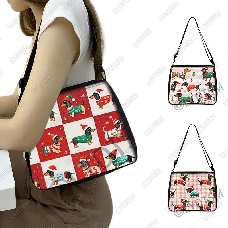 Christmas Snow Fun Dachshund Dog Graphic Print Shoulder Bags for Travel Christmas Tree Women Handbag Messenger Bags Phone Holder