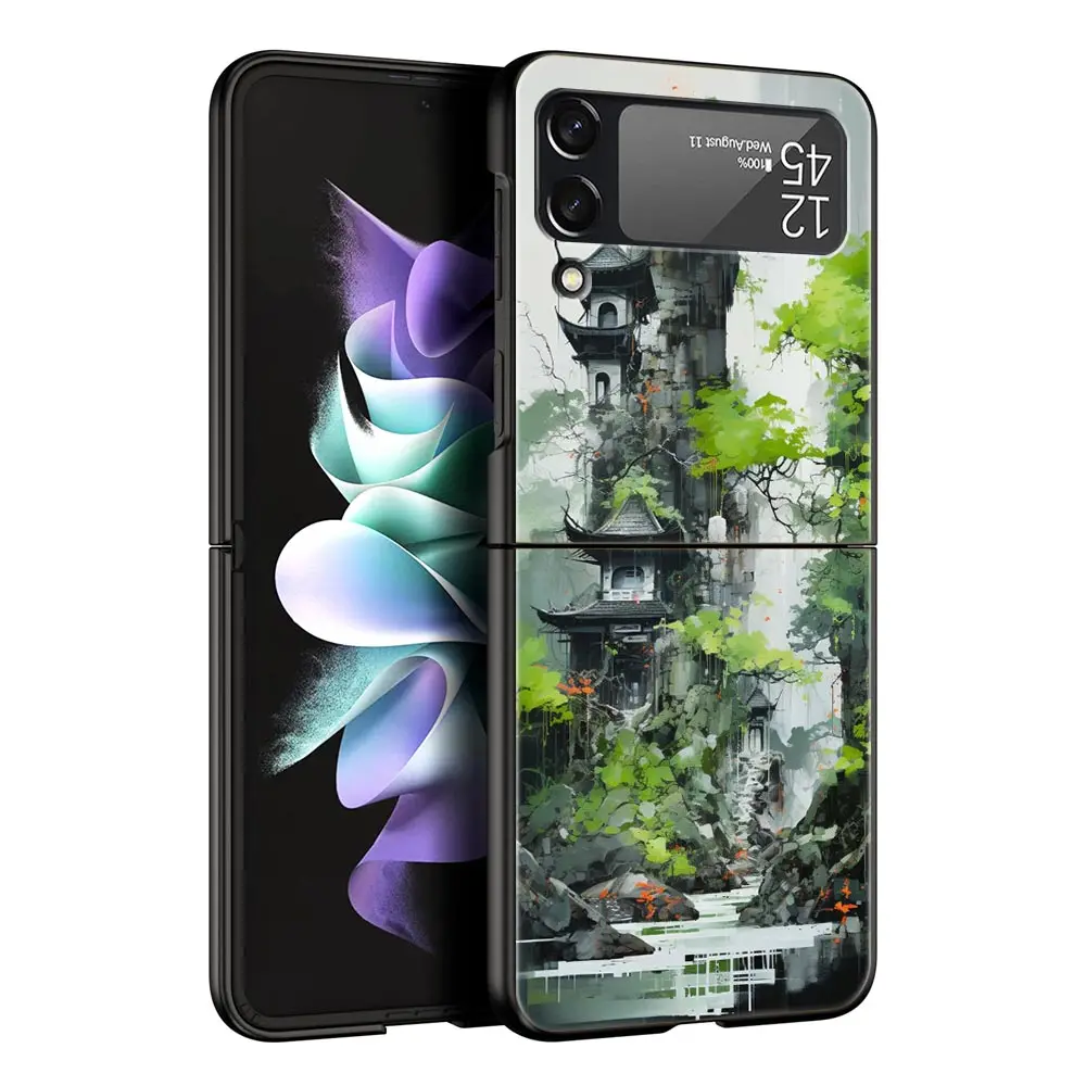 Ink and wash landscape painting Phone Case For Samsung Galaxy Z Flip3 Flip4 Flip5 PC Shell For Z Flip 3 4 5 Hard Folding Cover