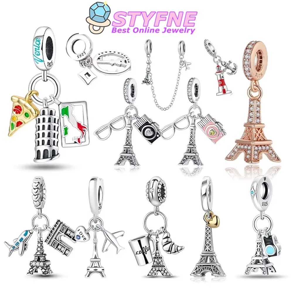 

Original Bracelet for Women Fine Gift Charms Beads Silver S925 Car Eiffel Travel New York Statue of Liberty Camera Coffee Beads
