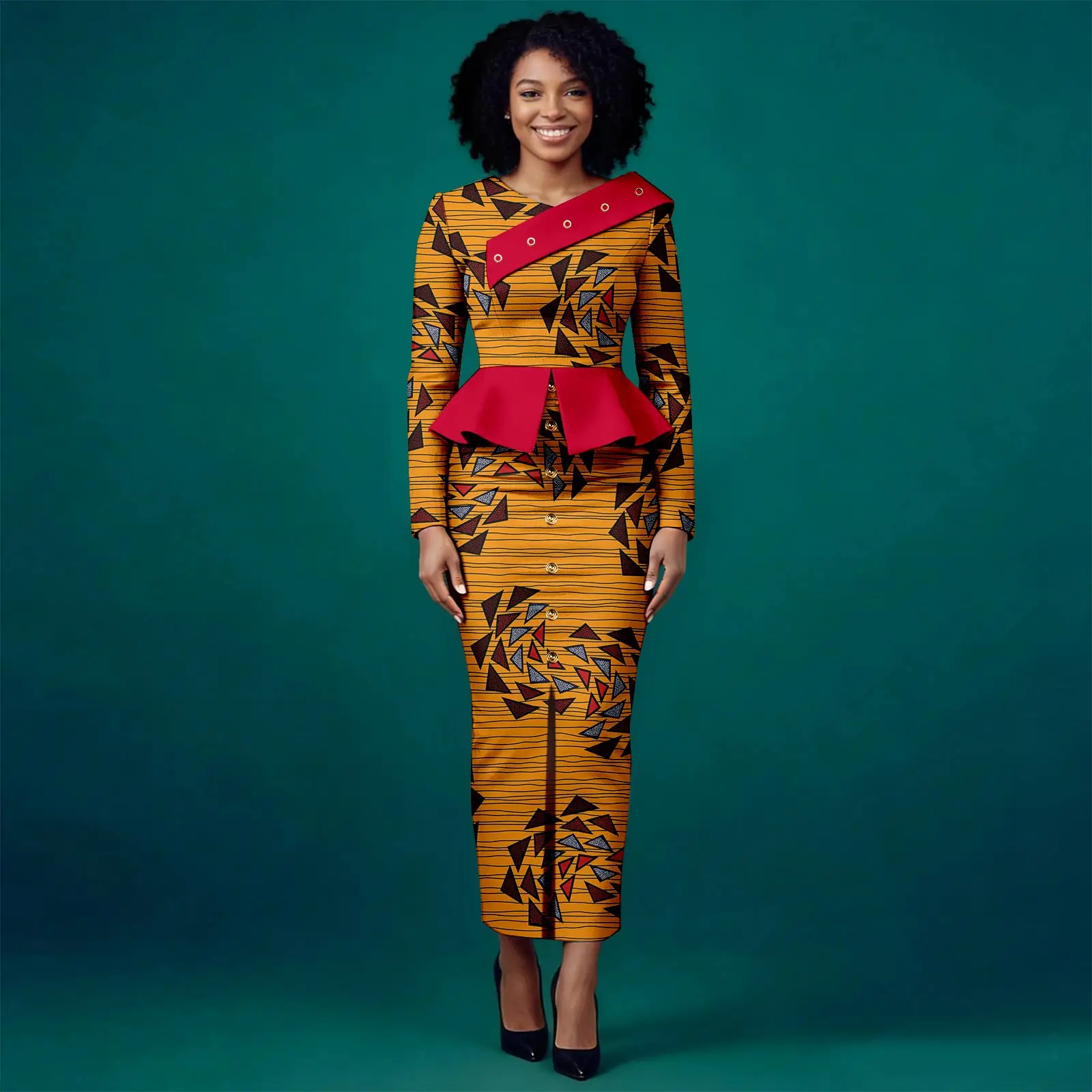 

Africa Ankara Printed Women's Set V-Neck Long Sleeve Patchwork Top and Ankle-Length Skirt Two-piece set Casual wedding 2626028