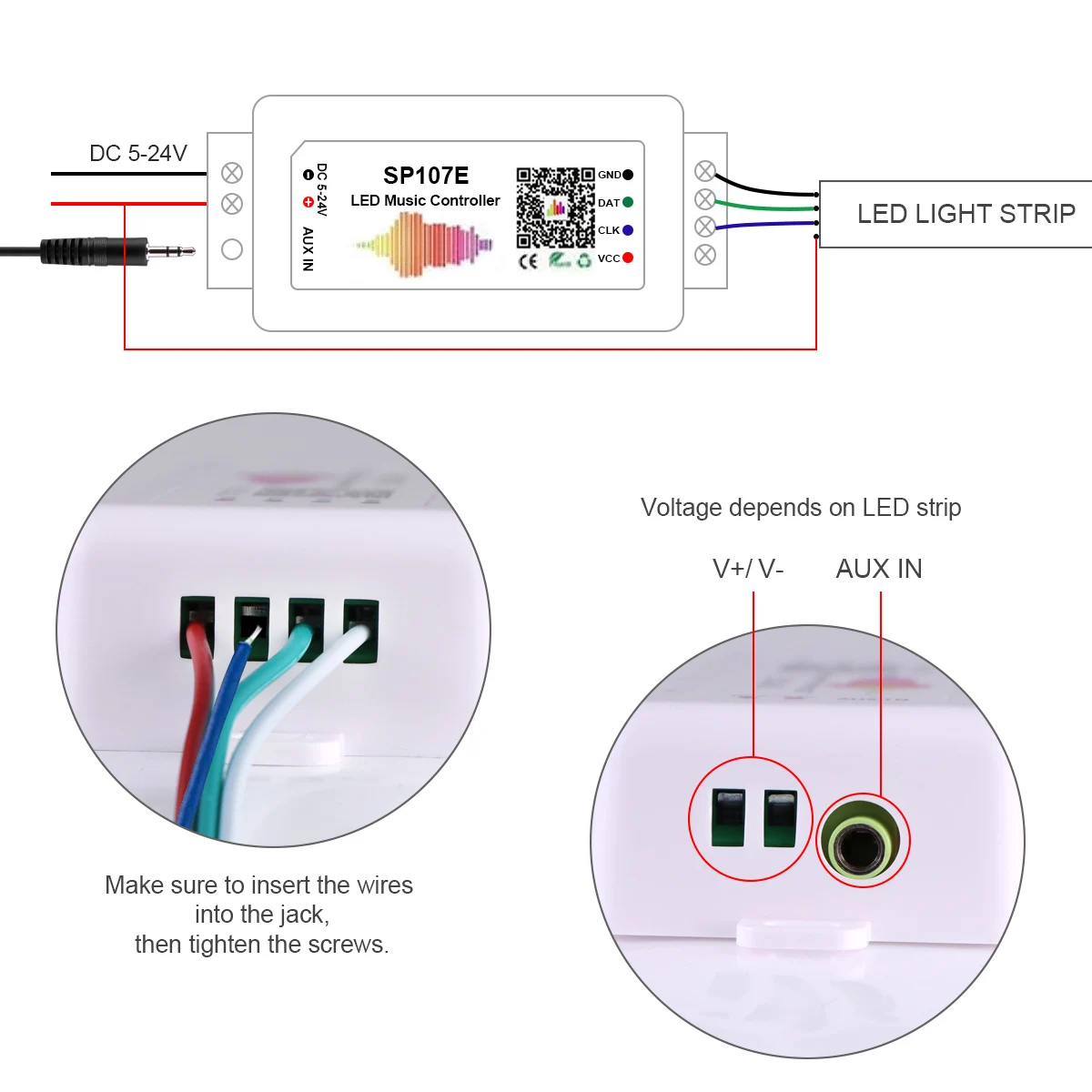 SP107E DC5-24V Controller musicale a strisce LED con controllo musicale APP a colori compatibile con Bluetooth Wireless per nastro LED WS2812B