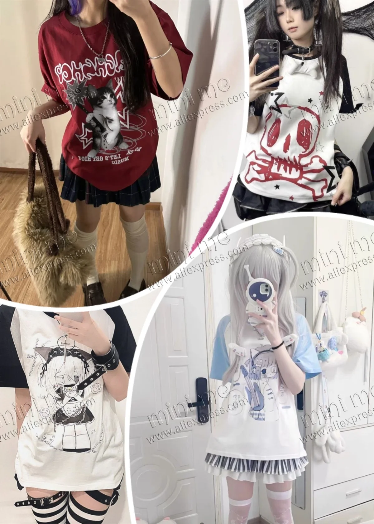 

Japanese Culture Kawaii Cat Print Red T-shirt Ladies Harajuku Oversized Punk Style Top Cute Graphic Short Sleeve Motorcycle