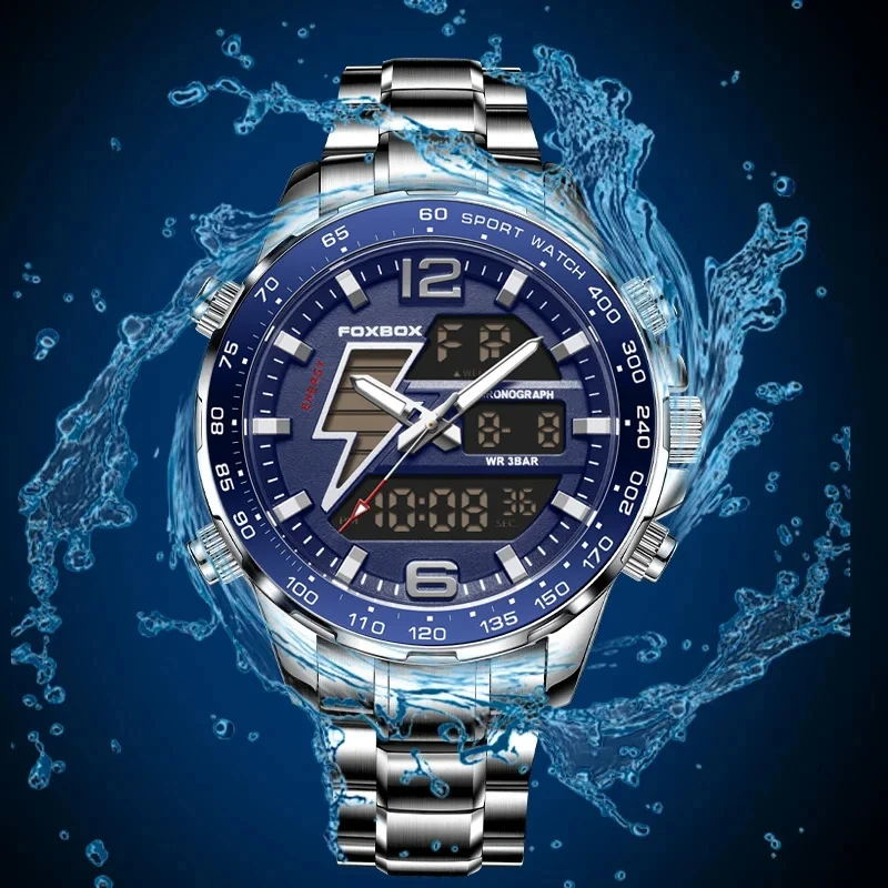 FOXBOX Luxury Original Sports Wrist Watch for Men Quartz Steel Waterproof Digital Fashion Watches Male Relogios Masculino+Box