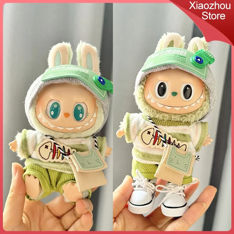 17cm Labubu I Ii Idol Doll Sitting Party Costume Set Mini Doll Costume Green Big Fish Satchel Set Accessories Spring Gifts