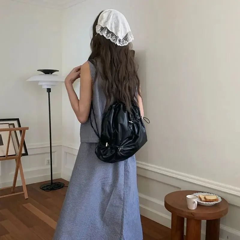 

TRSYPHXM 2024 Korean niche design Drawstring Pleated silver Backpack for women's commuting versatile casual small backpack